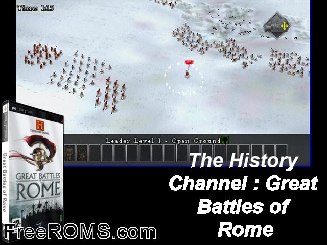 History Channel - Great Battles of Rome (Europe) PSP game showing 3D box cover and gameplay screenshot