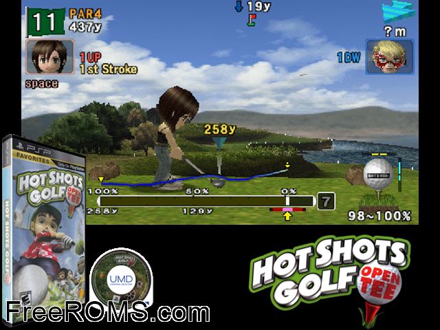 Hot Shots Golf - Open Tee (China) PSP game showing 3D box cover and gameplay screenshot