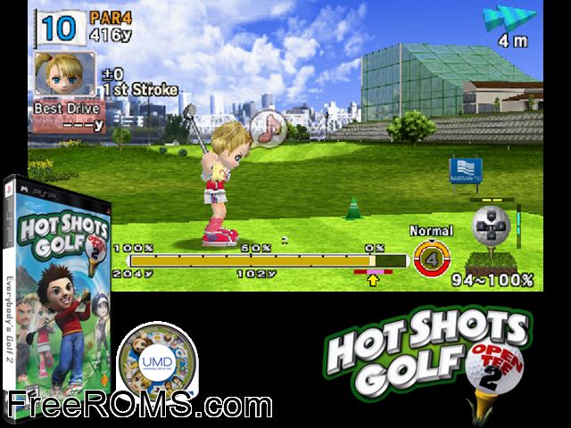 Hot Shots Golf - Open Tee 2 (Asia) PSP game showing 3D box cover and gameplay screenshot