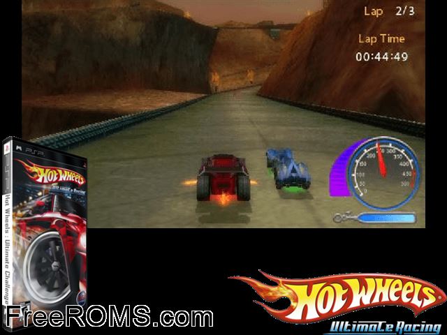 Hot Wheels Ultimate Racing PSP game showing 3D box cover and gameplay screenshot