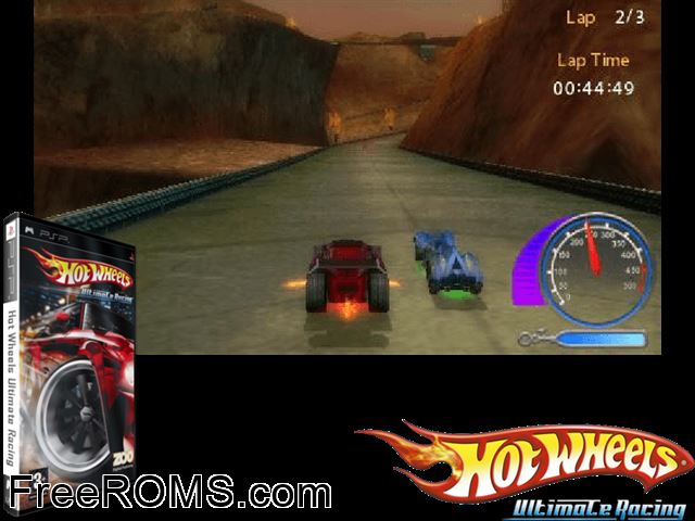 Hot Wheels Ultimate Racing (Europe) PSP game showing 3D box cover and gameplay screenshot
