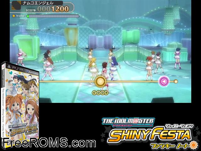 Idolmaster Shiny Festa - Funky Note, The Japan PSP game showing 3D box cover and gameplay screenshot
