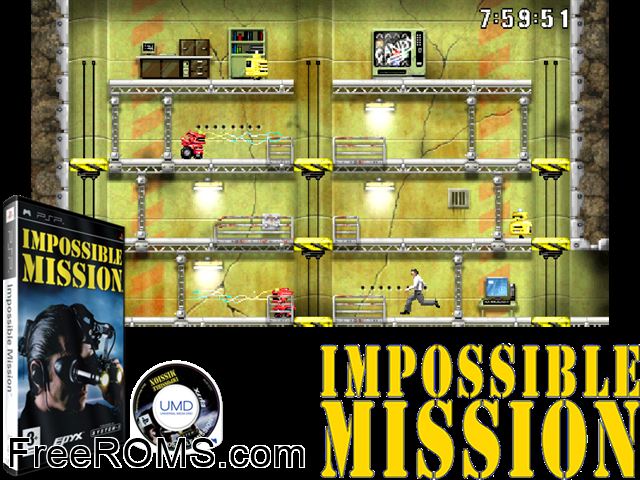 Impossible Mission (Europe) PSP game showing 3D box cover and gameplay screenshot