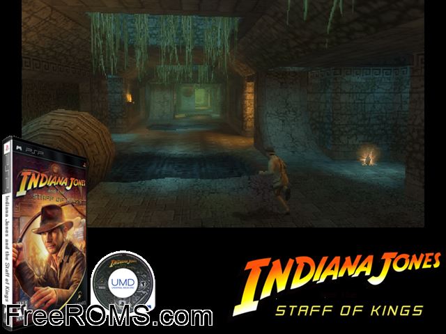 Indiana Jones And The Staff of Kings PSP game showing 3D box cover and gameplay screenshot