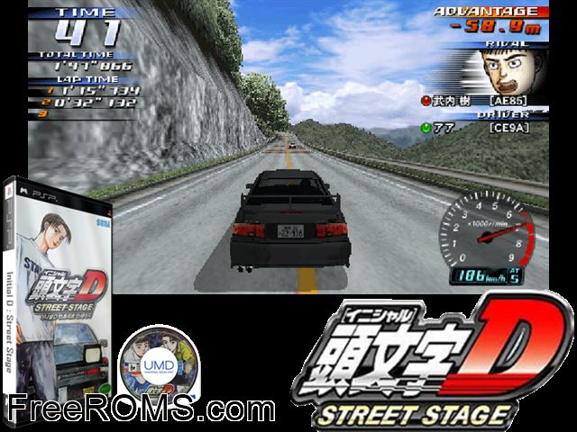 Initial D - Street Stage PSP game showing 3D box cover and gameplay screenshot