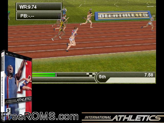 International Athletics (Europe) PSP game showing 3D box cover and gameplay screenshot