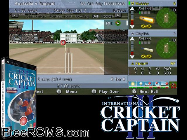 International Cricket Captain III (Europe) PSP game showing 3D box cover and gameplay screenshot