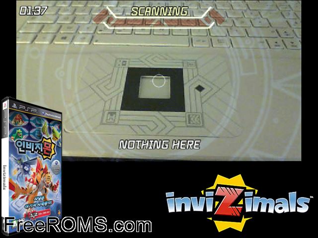 Invizimals (Korea) PSP game showing 3D box cover and gameplay screenshot