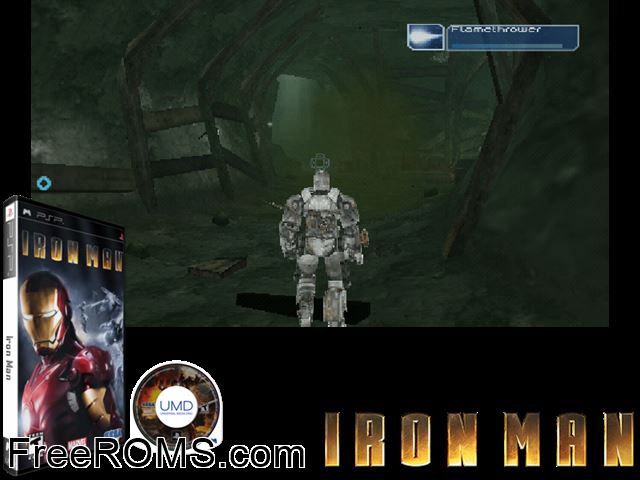 Iron Man PSP game showing 3D box cover and gameplay screenshot