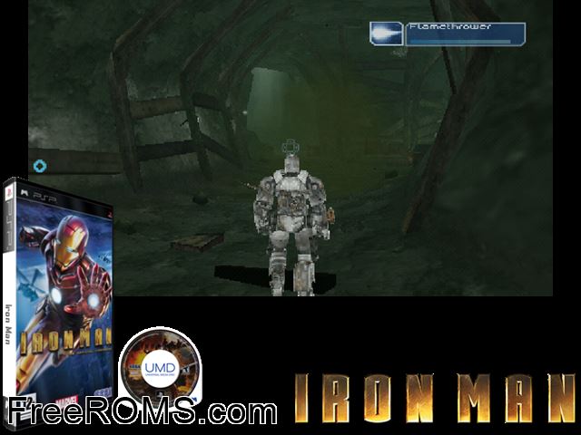 Iron Man (Germany,) PSP game showing 3D box cover and gameplay screenshot