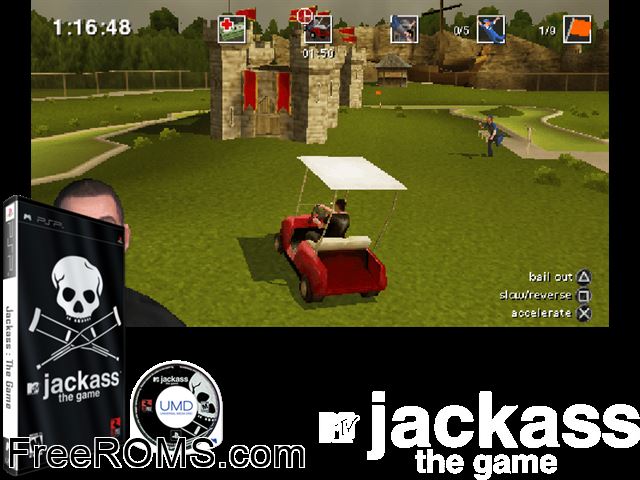 Jackass The Game PSP game showing 3D box cover and gameplay screenshot