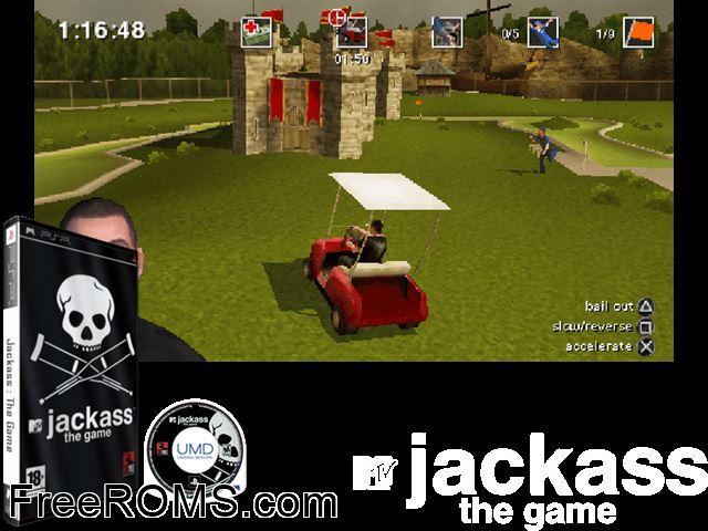 Jackass The Game (Europe) PSP game showing 3D box cover and gameplay screenshot