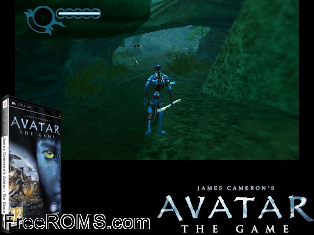 James Cameron's Avatar - The Game (Europe) PSP game showing 3D box cover and gameplay screenshot