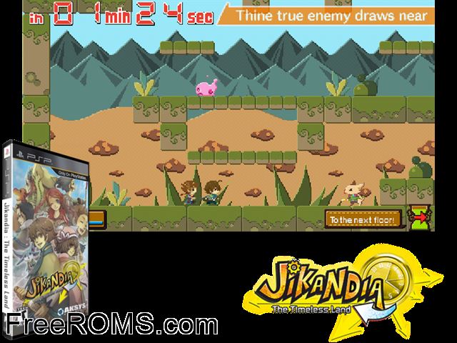 Jikandia - The Timeless Land PSP game showing 3D box cover and gameplay screenshot