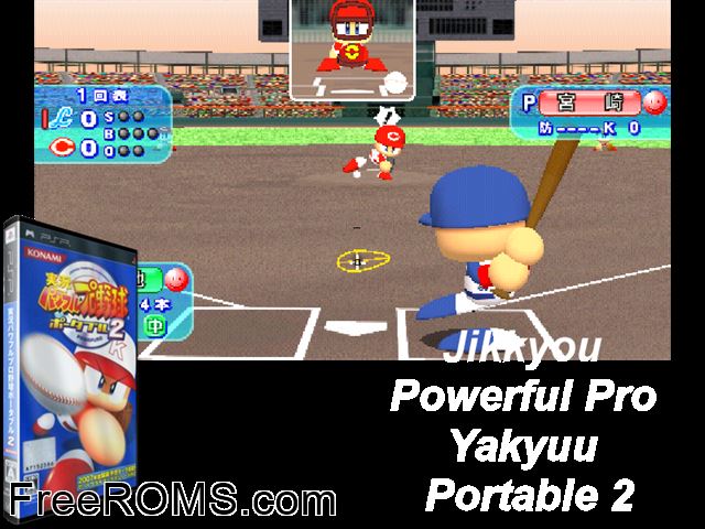 Jikkyou Powerful Pro Yakyuu Portable 2 (Japan) PSP game showing 3D box cover and gameplay screenshot