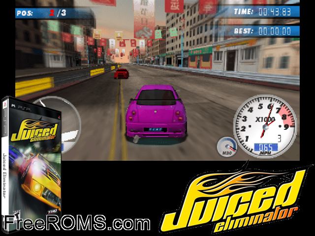 Juiced - Eliminator PSP game showing 3D box cover and gameplay screenshot