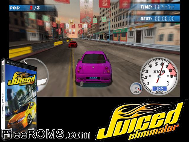 Juiced - Eliminator (Europe) PSP game showing 3D box cover and gameplay screenshot