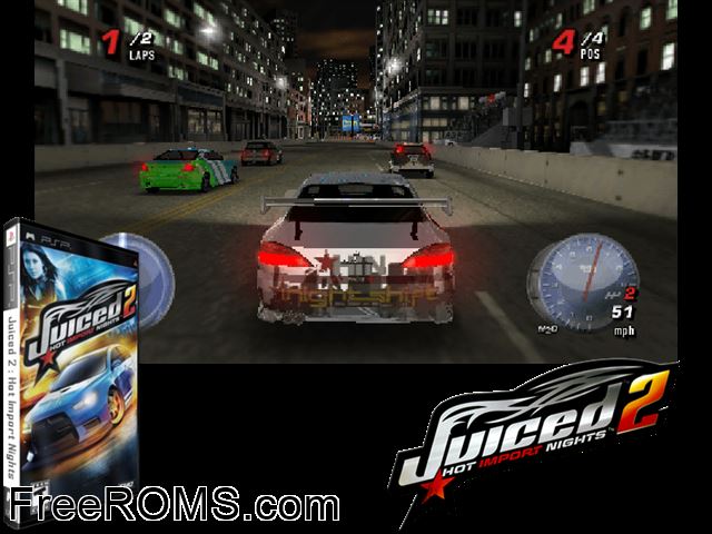 Juiced 2 - Hot Import Nights PSP game showing 3D box cover and gameplay screenshot