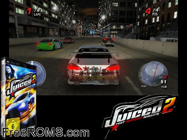 Juiced 2 - Hot Import Nights (Europe) PSP game showing 3D box cover and gameplay screenshot