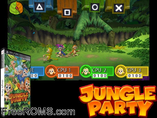 Jungle Party (Europe) PSP game showing 3D box cover and gameplay screenshot