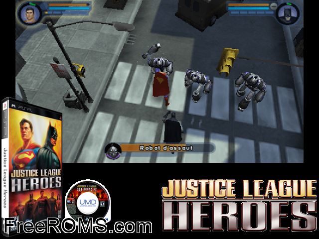 Justice League Heroes (Europe) PSP game showing 3D box cover and gameplay screenshot