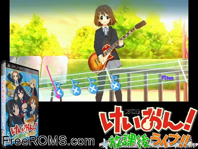 K-On! Houkago Live!! (Japan) PSP game showing 3D box cover and gameplay screenshot