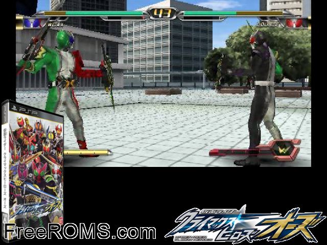 Kamen Rider Climax Heroes OOO (Japan) PSP game showing 3D box cover and gameplay screenshot
