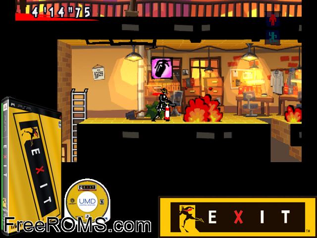 Kangaeru Exit (Japan) PSP game showing 3D box cover and gameplay screenshot
