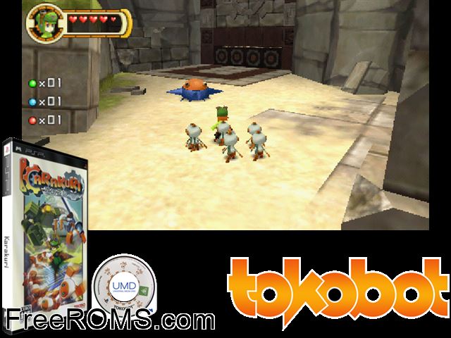 Karakuri (Japan) PSP game showing 3D box cover and gameplay screenshot