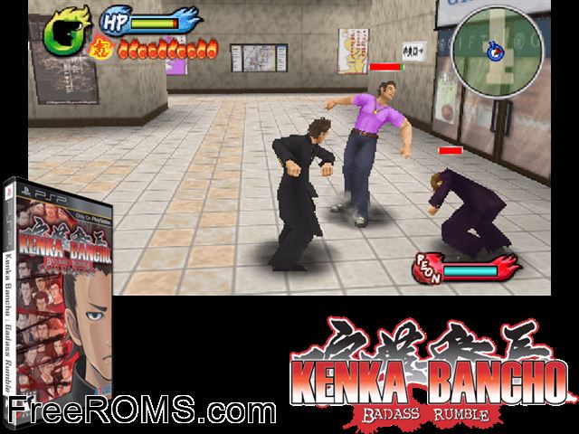 Kenka Bancho - Badass Rumble PSP game showing 3D box cover and gameplay screenshot