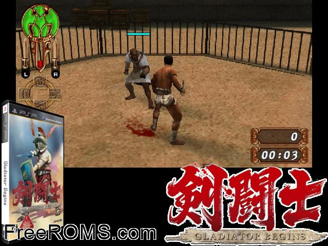 Kentoushi - Gladiator Begins (Japan) PSP game showing 3D box cover and gameplay screenshot