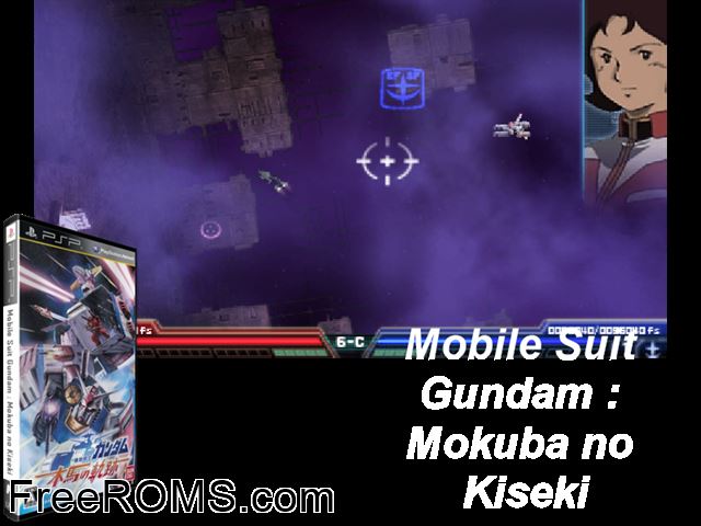 Kidou Senshi Gundam - Mokuba no Kiseki (Japan) PSP game showing 3D box cover and gameplay screenshot