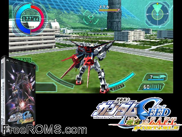Kidou Senshi Gundam Seed - Rengou vs. Z.A.F.T. Portable (Japan) PSP game showing 3D box cover and gameplay screenshot