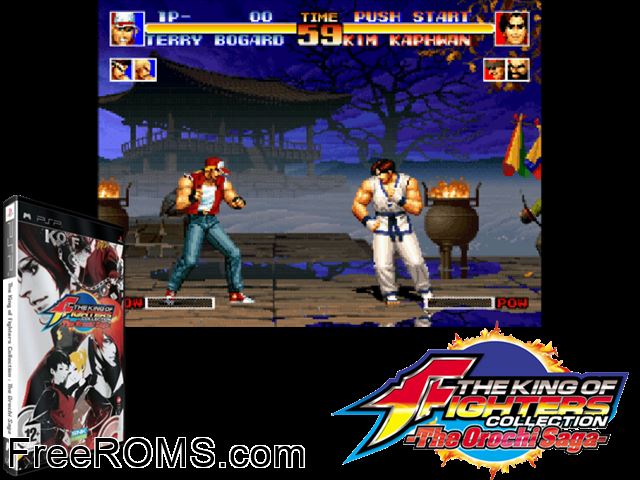 King of Fighters Collection - The Orochi Saga, The (Europe) PSP game showing 3D box cover and gameplay screenshot
