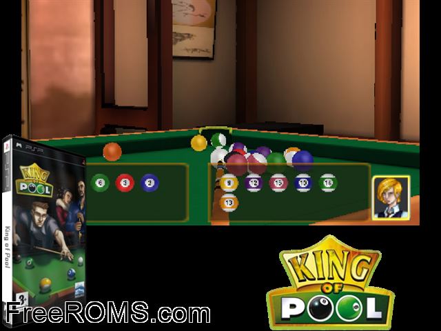 King of Pool Europe (M5) PSP game showing 3D box cover and gameplay screenshot