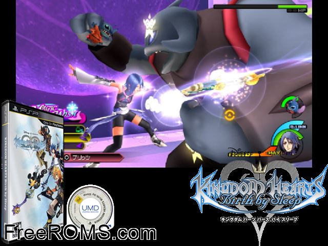 Kingdom Hearts - Birth By Sleep PSP game showing 3D box cover and gameplay screenshot