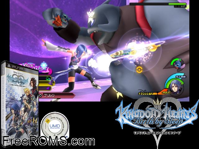 Kingdom Hearts - Birth By Sleep - Final Mix (Japan) PSP game showing 3D box cover and gameplay screenshot