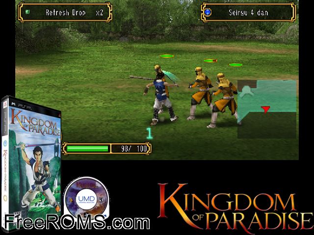Kingdom of Paradise (Undub) PSP game showing 3D box cover and gameplay screenshot