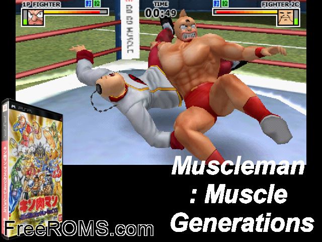 Kinnikuman - Muscle Generations (Japan) PSP game showing 3D box cover and gameplay screenshot