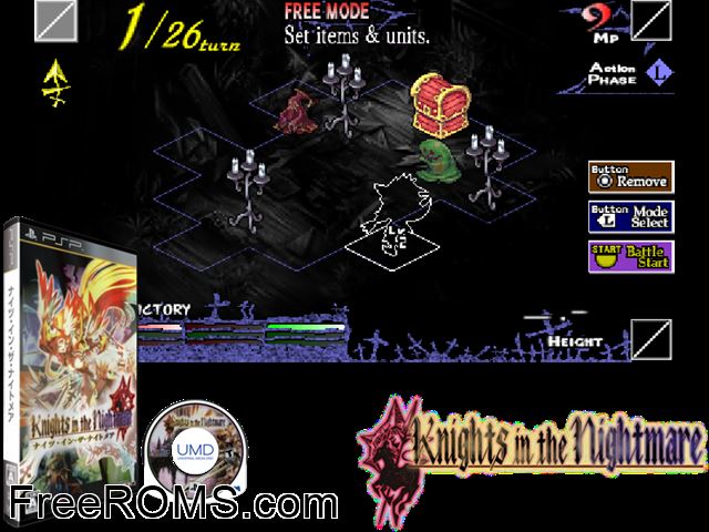 Knights in The Nightmare (Japan) PSP game showing 3D box cover and gameplay screenshot