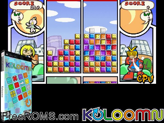 Koloomn (Europe) PSP game showing 3D box cover and gameplay screenshot