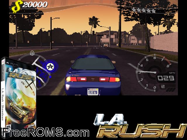 L.A. Rush (Europe) PSP game showing 3D box cover and gameplay screenshot