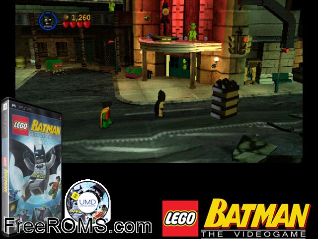 Lego Batman - The Video Game (Europe) PSP game showing 3D box cover and gameplay screenshot