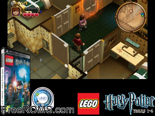 Lego Harry Potter - Years 1-4 (Europe) PSP game showing 3D box cover and gameplay screenshot