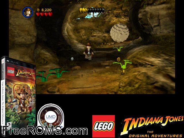 Lego Indiana Jones - The Original Adventures PSP game showing 3D box cover and gameplay screenshot
