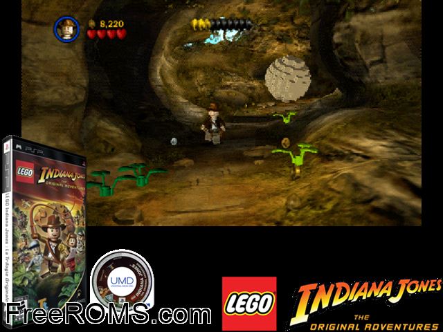 Lego Indiana Jones - The Original Adventures (Europe) PSP game showing 3D box cover and gameplay screenshot