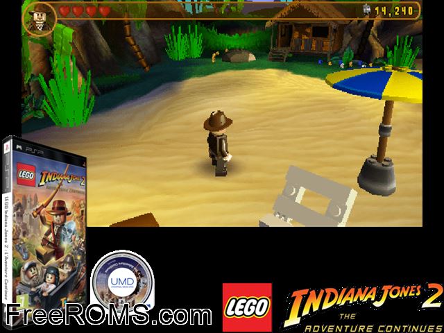Lego Indiana Jones 2 - The Adventure Continues PSP game showing 3D box cover and gameplay screenshot