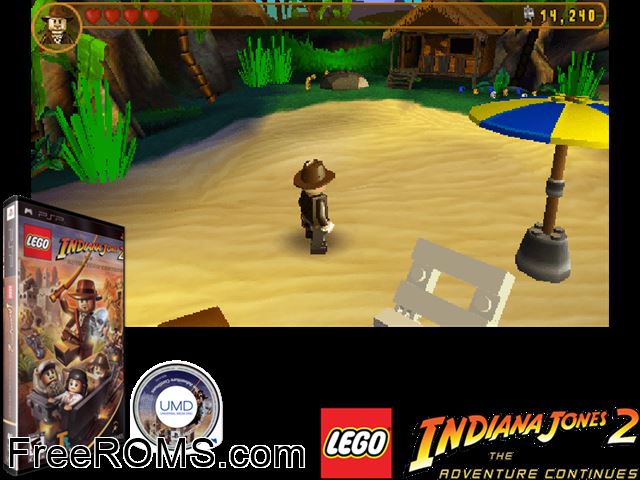 Lego Indiana Jones 2 - The Adventure Continues (Europe) PSP game showing 3D box cover and gameplay screenshot