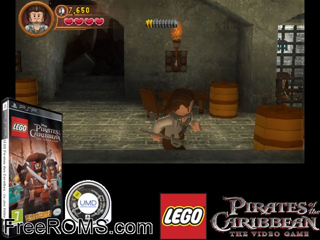 Lego Pirates of The Caribbean - The Video Game PSP game showing 3D box cover and gameplay screenshot