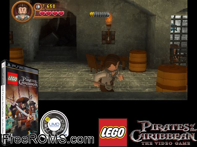 Lego Pirates of The Caribbean - The Video Game (Europe) PSP game showing 3D box cover and gameplay screenshot